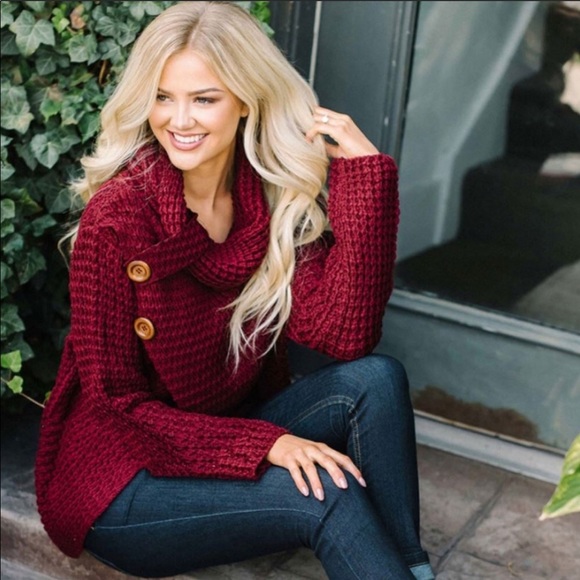 Sweaters - Maroon Turtleneck Asymmetrical Sweater